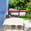Modern Jiangxi Fire Station With Red White Roof Green Lawn Trees Carport And Two Cars