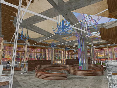 Modern Restaurant Interior Design With Colorful Chandeliers Wooden Decor And Curved Seating 3d model