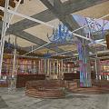 Modern Restaurant Interior Design With Colorful Chandeliers Wooden Decor And Curved Seating