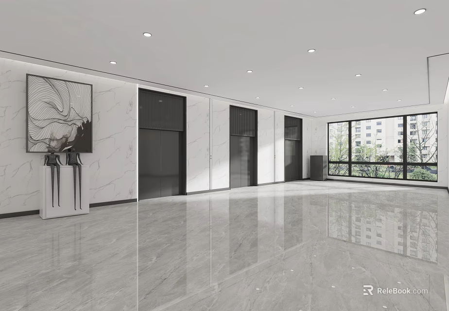 Modern Elevator Lobby With Marble Floor Elevator Doors Decorative Painting And Large Windows 3d model 