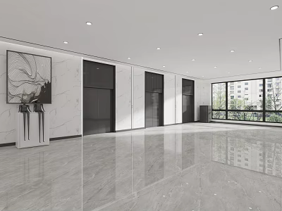 Modern Elevator Lobby With Marble Floor Elevator Doors Decorative Painting And Large Windows 3d model