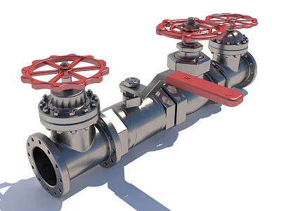 Stainless Steel Heating Pipe With Multiple Red Wheel Valves And Handles 3d model
