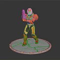 Action Figure In Orange Black Armor Holding Weapon On Silver Circular Base