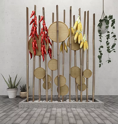 Garden Decor Bamboo Structure With Circular Weaves Hanging Chili Peppers Corn Cobs Green Plants And Stones 3d model