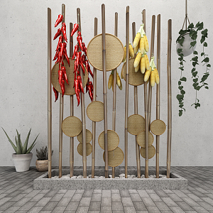 New Chinese Gardening Sits Bamboo Pole Decoration Combination 3d model