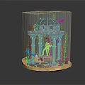 Cartoon Underwater Scene Transparent Cube Container With Dome Structure Columns Statue Plants On Wooden Base