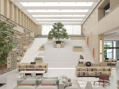 Book Art Inspired Spacious Library Interior With Wooden Bookshelves Staircase Green Plants And Sofa Seating 3d model