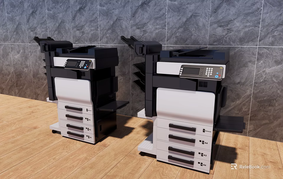 Modern Office Appliances Two Multifunction Printers On Wooden Floor With Grey Tile Wall 3d model 