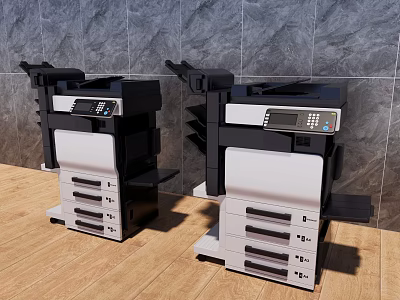 Modern Office Appliances Two Multifunction Printers On Wooden Floor With Grey Tile Wall 3d model