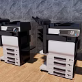 Modern Office Appliances Two Multifunction Printers On Wooden Floor With Grey Tile Wall