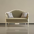 Light Green Two Seater Sofa With White Carved Frame And Patterned Cushions 3d model