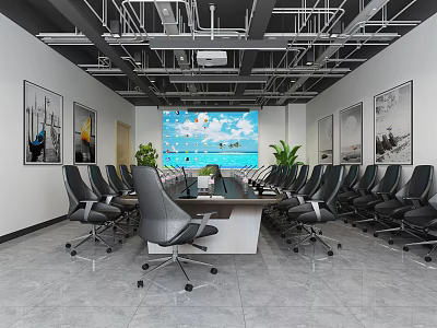 Modern Conference Room With Large Table Black Chairs Wall Paintings Industrial Ceiling And Large Screen 3d model