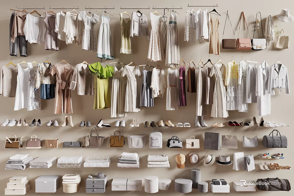 Clothes Hanging On Racks With Various Styles Colors Shoes And Bags 3d model 