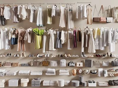 Clothes Hanging On Racks With Various Styles Colors Shoes And Bags 3d model