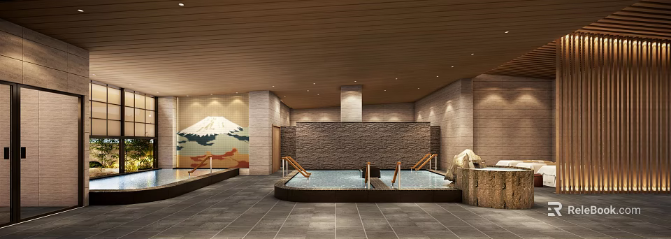 Tranquil SPA Sauna Interior Featuring Hot Spring Pool Wooden Ceiling Mountain Mural And Stone Pillars 3d model 