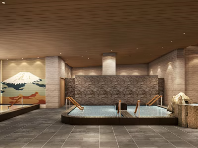 Tranquil SPA Sauna Interior Featuring Hot Spring Pool Wooden Ceiling Mountain Mural And Stone Pillars 3d model