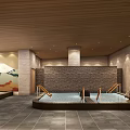 Tranquil SPA Sauna Interior Featuring Hot Spring Pool Wooden Ceiling Mountain Mural And Stone Pillars