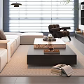 Modern Living Room Design With White Sofa Black Coffee Table TV Wall Blinds And Decorations