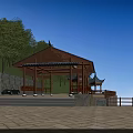Traditional Wooden Landscape Pavilion With Red Columns Stone Wall Green Trees And Stone Pavement