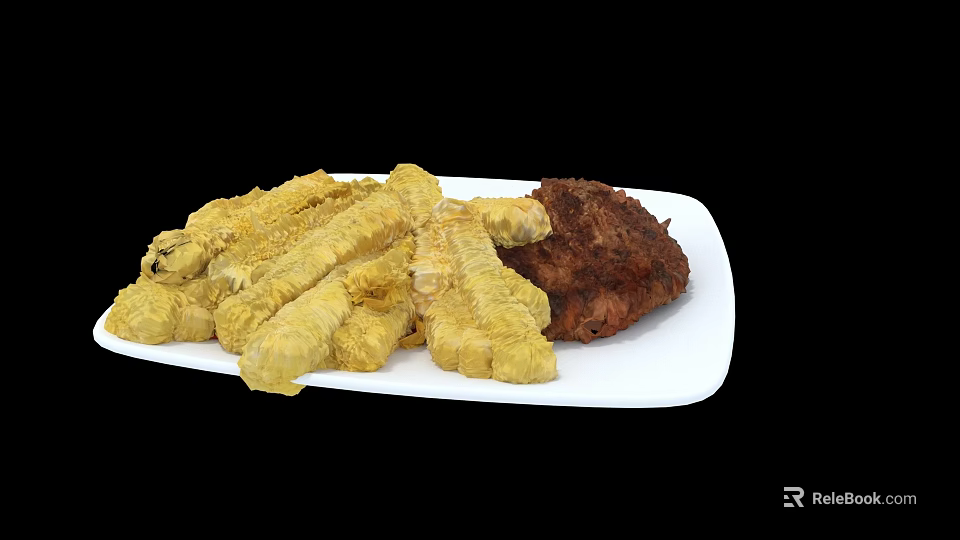 Crispy Fried Yellow Sticks And Juicy Roasted Meat On White Plate 3d model 