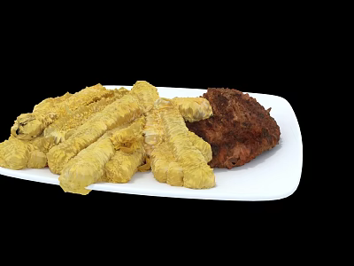 Crispy Fried Yellow Sticks And Juicy Roasted Meat On White Plate 3d model