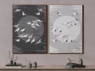 Two Panel Animal Paintings of Cranes Flying Under Moon Sky for Home Wall Decor 3d model