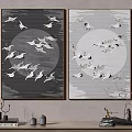 Two Panel Animal Paintings of Cranes Flying Under Moon Sky for Home Wall Decor