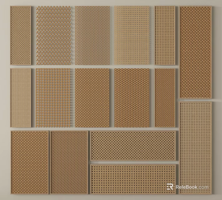 Various Textured Building Components Sample Display With Perforated Grid And Neutral Tones 3d model 
