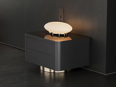 Modern Black Nightstand With Two Drawers And Round White Lamp On Metallic Base 3d model