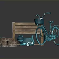 Garden Decorative Setup With Wooden Stand Blue Bicycle Wicker Baskets And Watering Can