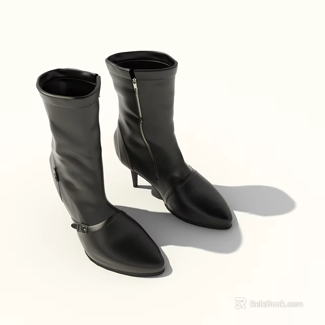 Stylish Black Leather Boots With Pointed Toe High Heels And Side Zipper 3d model 