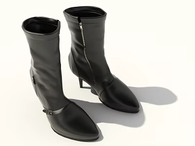 Stylish Black Leather Boots With Pointed Toe High Heels And Side Zipper 3d model
