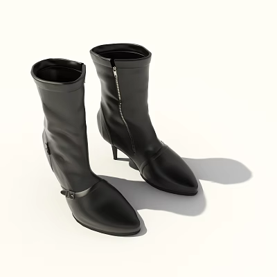 Stylish Black Leather Boots With Pointed Toe High Heels And Side Zipper 3d model Stylish Black Leather Boots With Pointed Toe High Heels And Side Zipper 3d model