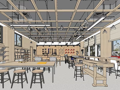 Contemporary Open Workshop Interior With Long Tables Bar Stools And Ceiling Lights 3d model