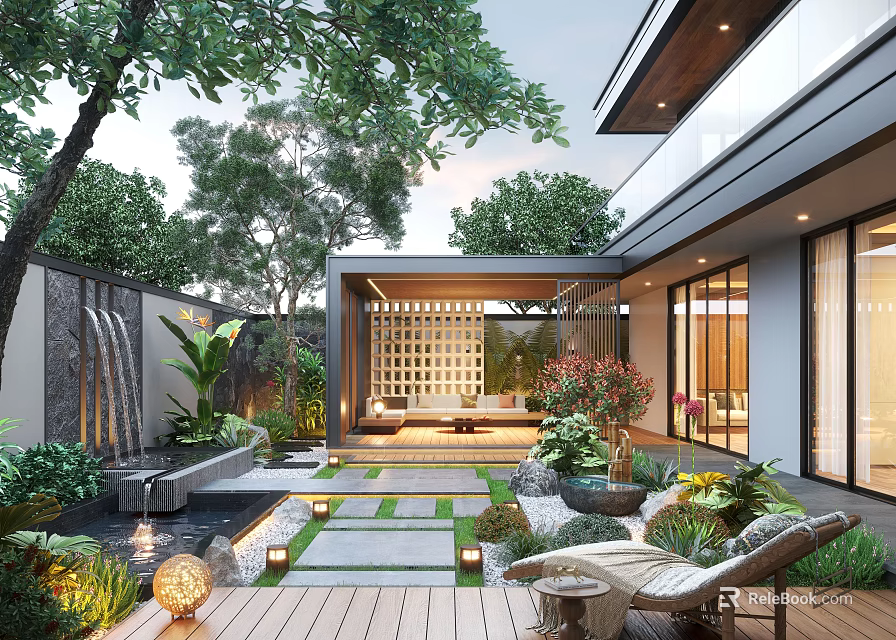 Modern Garden Patio Design With Wooden Deck Water Feature Lush Plants And Seating Area 3d model 
