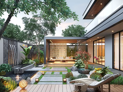 Modern Garden Patio Design With Wooden Deck Water Feature Lush Plants And Seating Area 3d model