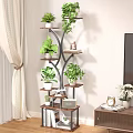 Multi Tiered Indoor Flower Stand with Green Plants and Decorative Accents in Living Room