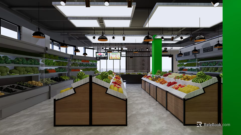 Supermarket Grocery Store With Fresh Fruits Vegetables On Wooden Display Counters And Shelves 3d model 