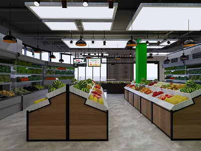 Supermarket Grocery Store With Fresh Fruits Vegetables On Wooden Display Counters And Shelves 3d model