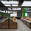 Supermarket Grocery Store With Fresh Fruits Vegetables On Wooden Display Counters And Shelves