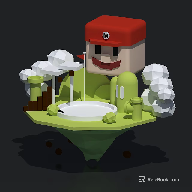 3D Blocky Character Scene With Red Hat M Logo Green Platform White Clouds And Pipes 3d model