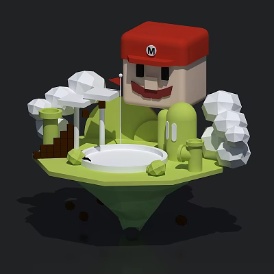3D Blocky Character Scene With Red Hat M Logo Green Platform White Clouds And Pipes 3d model