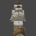 Wooden Pirate Ship Model with White Sails Skull Emblem and Decorative Teeth on Bow