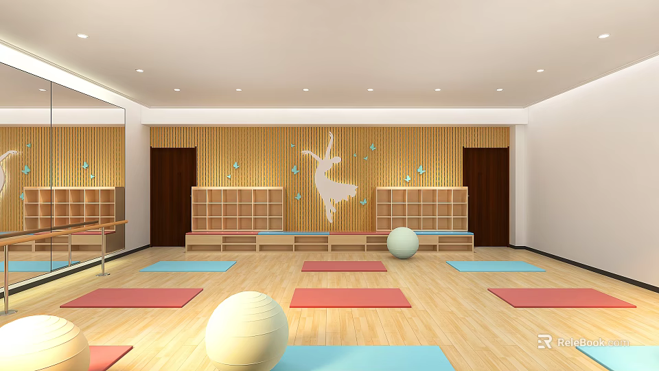 Bright Dance Studio With Wooden Floors Colorful Yoga Mats White Exercise Balls And Dancer Silhouette 3d model 