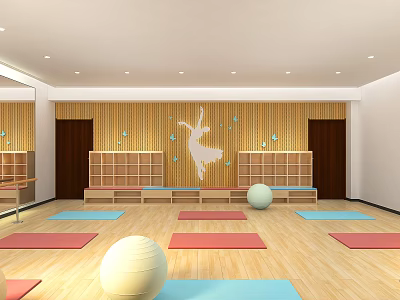 Bright Dance Studio With Wooden Floors Colorful Yoga Mats White Exercise Balls And Dancer Silhouette 3d model