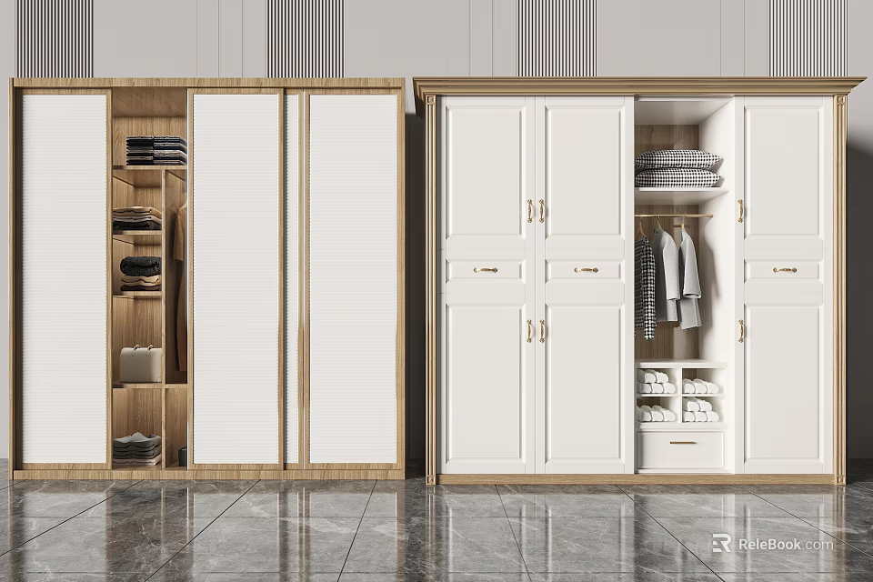 Wooden And White Wardrobe With Sliding Hinged Doors Clothing Storage Shelves And Shoe Compartments 3d model 