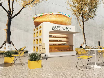 Dessert Shop with Giant Donut Sign Outdoor Yellow Tables Chairs and Trees Around White Kiosk 3d model