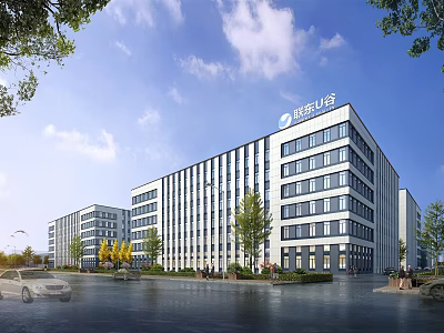 Modern Weiyuan Center Office Building With Trees Vehicles Blue Sky And White Clouds 3d model