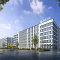 Modern Weiyuan Center Office Building With Trees Vehicles Blue Sky And White Clouds