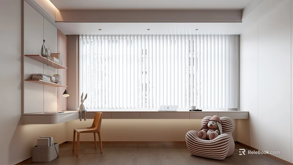 Bright Kids Room Interior With Striped Bean Bag Chair Stuffed Toys Desk Chair And Blinds 3d model 